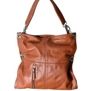 VALENTINA Cognac Brown Leather Shoulder Hobo Bag Removable Crossbody Strap Italy
